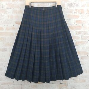 Vintage Pendleton Argyle Tartan Pleated Wool Midi Skirt Size 12 Blue USA Made